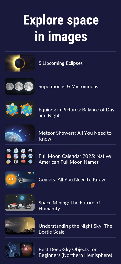 Star Walk 2 Pro: Sky Map Live - A list of educational astronomy articles in the Star Walk 2 Pro app covering topics like eclipses moon calendars and meteor showers