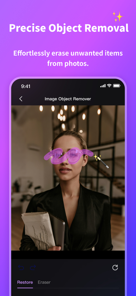 AniEraser app interface demonstrating precise object removal from a portrait photo using an AI brush
