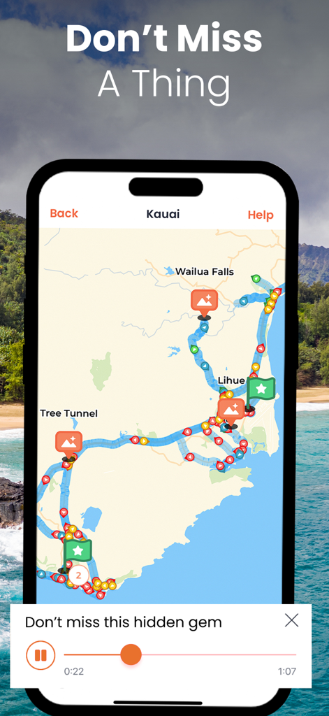Kauai GyPSy Guide Driving Tour - Smartphone screen showing the Kauai GyPSy Guide app with a map of driving routes and points of interest.