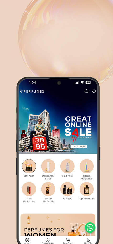 V Perfumes:Buy Perfumes Online - V Perfumes mobile app home screen displaying luxury fragrance categories and an online sale banner