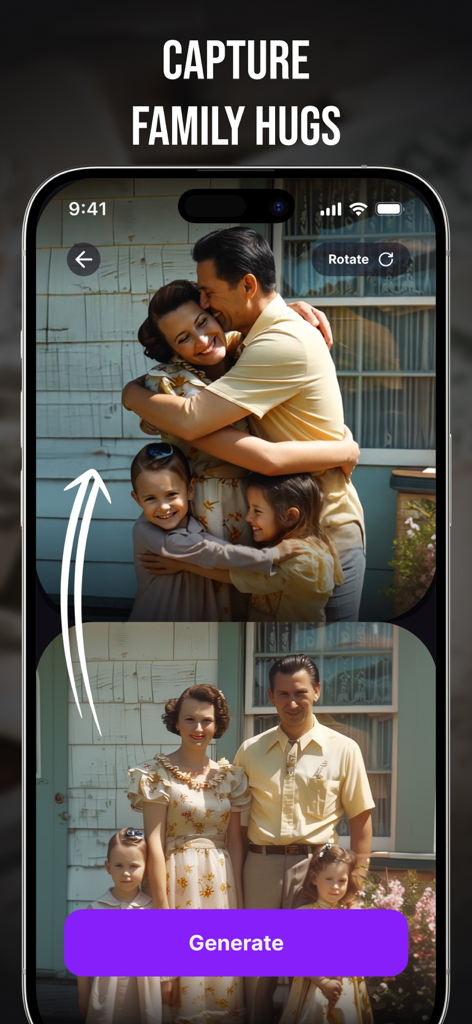 Pantalla de smartphone mostrando la aplicación Live Photo transformando un retrato familiar vintage fijo en un abrazo animado