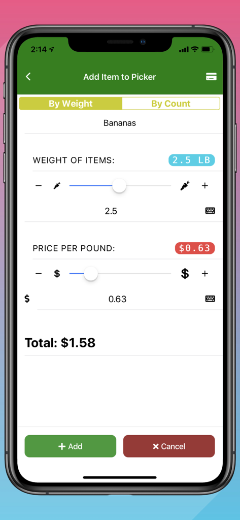 WICShopper app screen calculating total price of bananas by weight and price per pound
