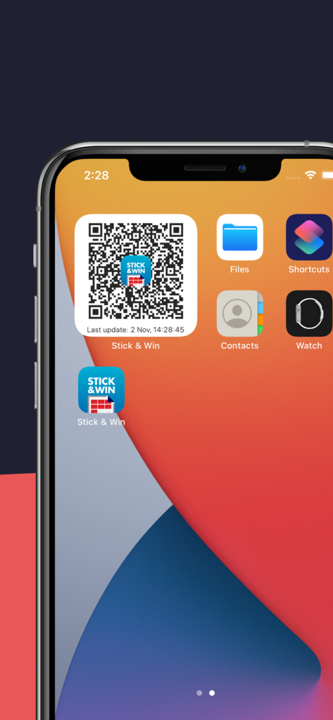 Stick & Win - A smartphone home screen displaying the Stick and Win app icon and its corresponding QR code widget for easy access.