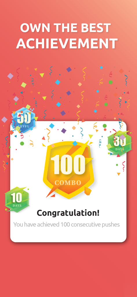Push Up Challenge - Push Ups - Push Up Challenge app achievement screen displaying a 100 combo badge for 100 consecutive push ups with celebratory confetti