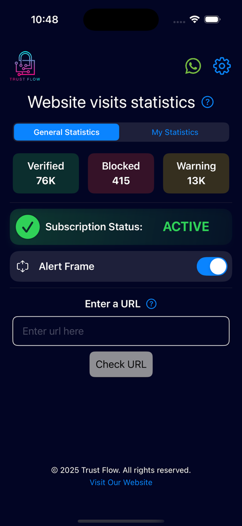 TrustFlow app dashboard showing website security statistics and a URL safety checker.