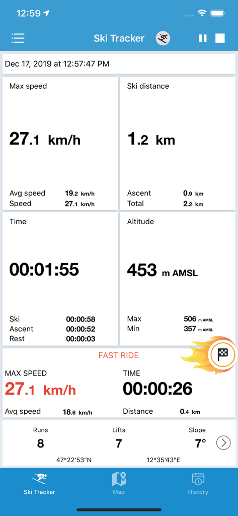 Dashboard of the EXA Ski Tracker app showing speed distance time and altitude stats