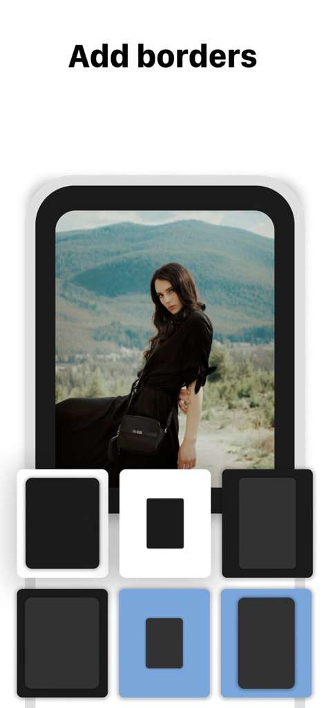 Feed Preview: Ig Grid Layout - Instagramフィード計画アプリでポートレート写真のさまざまな境界線オプションを示すスマートフォンインターフェイス