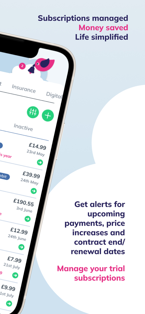 Little Birdie - Little Birdie app interface showing subscription tracking and renewal alerts