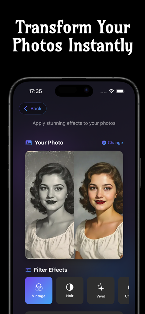 Craiyon AI Mobile - Before and after comparison of a vintage photo using Craiyon AI Mobile filter effects