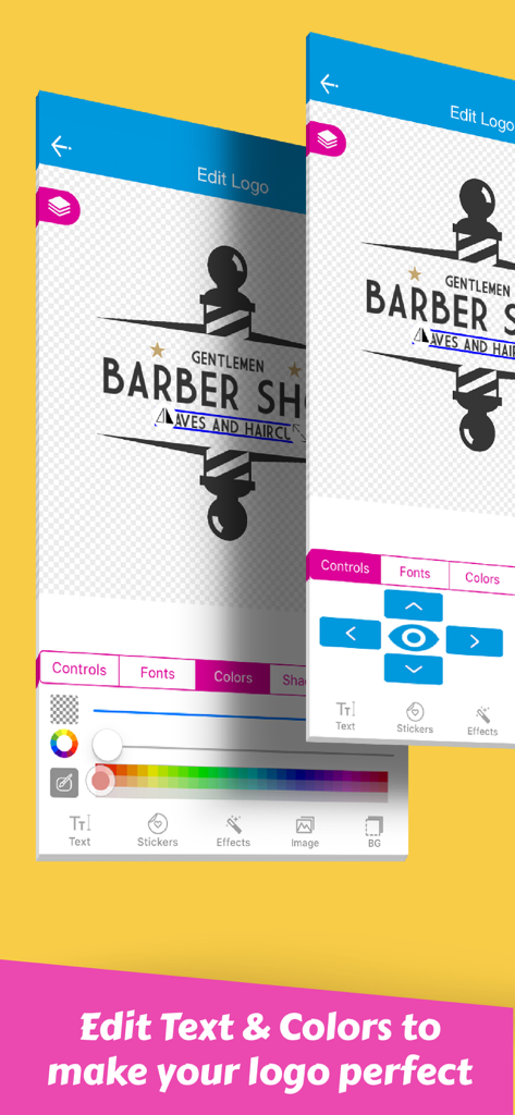 Mobile app screen showing tools to edit text and colors for a barber shop logo
