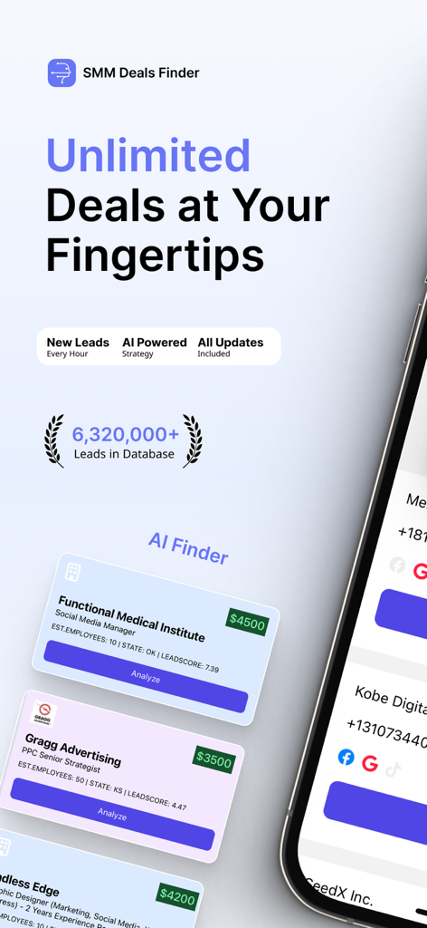 SMM Deal Finder - Interface of the SMM Deal Finder app showing AI-powered lead discovery cards and database statistics.