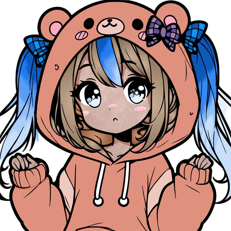 cute anime girl with ponytails and a cute bear hoodie