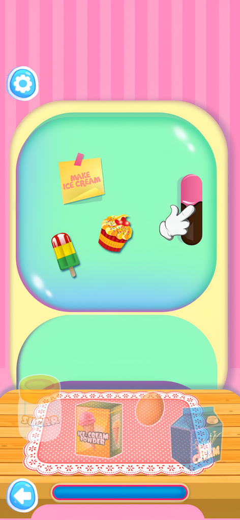 Ice Cream Maker | Cooking Game - Una pantalla de un juego de cocina para niños que muestra ingredientes como polvo para helado, leche y huevos en un mostrador para hacer postres virtuales.