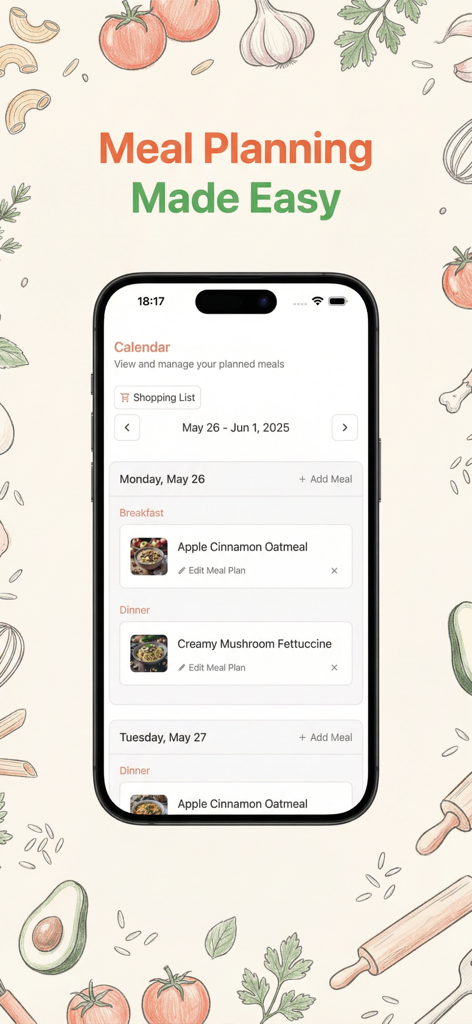 Un calendario de planificación de comidas semanal en la aplicación FoodiePrep que muestra recetas de desayuno y cena para la semana.