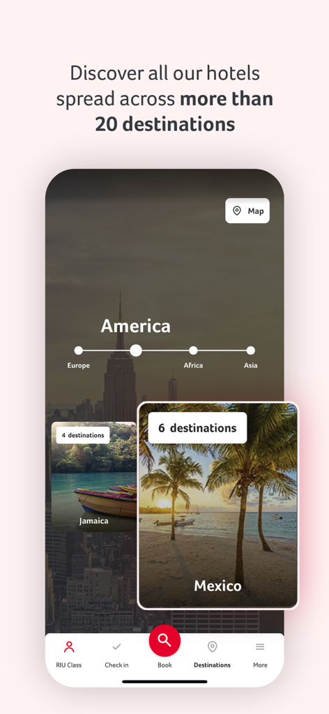 Tela de seleção de destinos do aplicativo RIU Hotels and Resorts destacando México e Jamaica