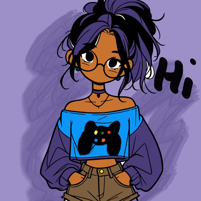 girl with a messy ponytail glasses a baggy crop top and jean shorts