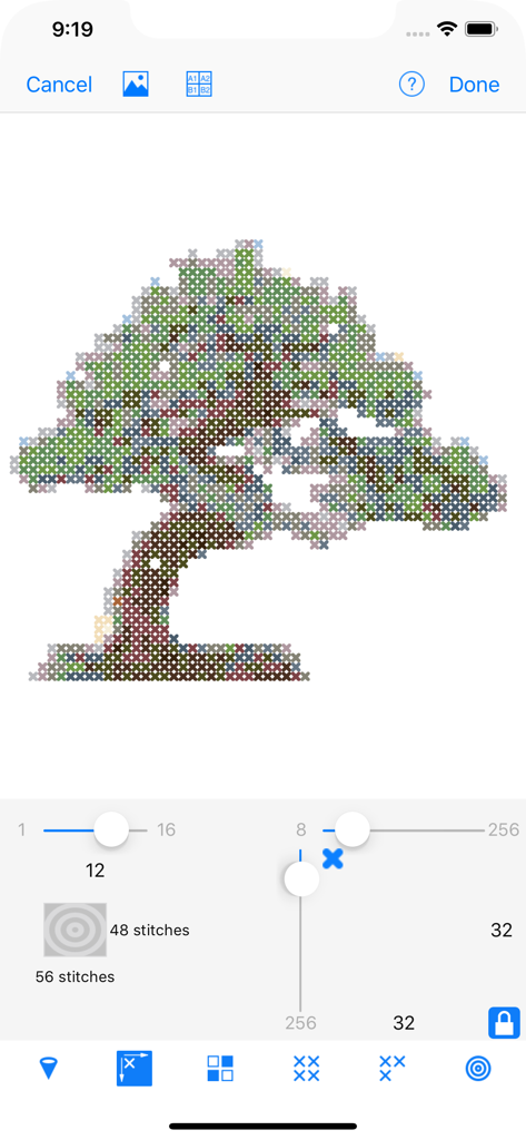 Stitched—Cross-stitch Patterns - A cross-stitch pattern of a tree in the Stitched app editor with adjustment sliders.