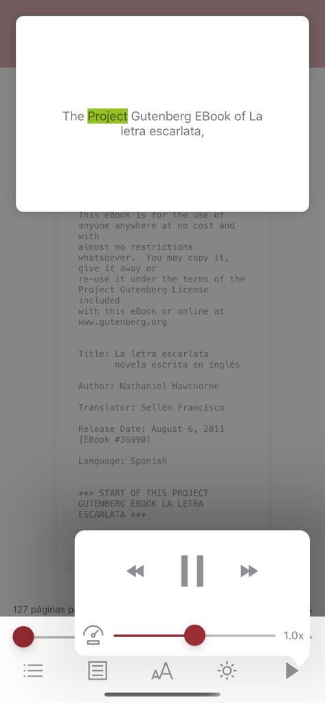 BNP Biblioteca Pública Digital - Pantalla de la aplicación móvil mostrando controles de reproducción de libros electrónicos y audiolibros