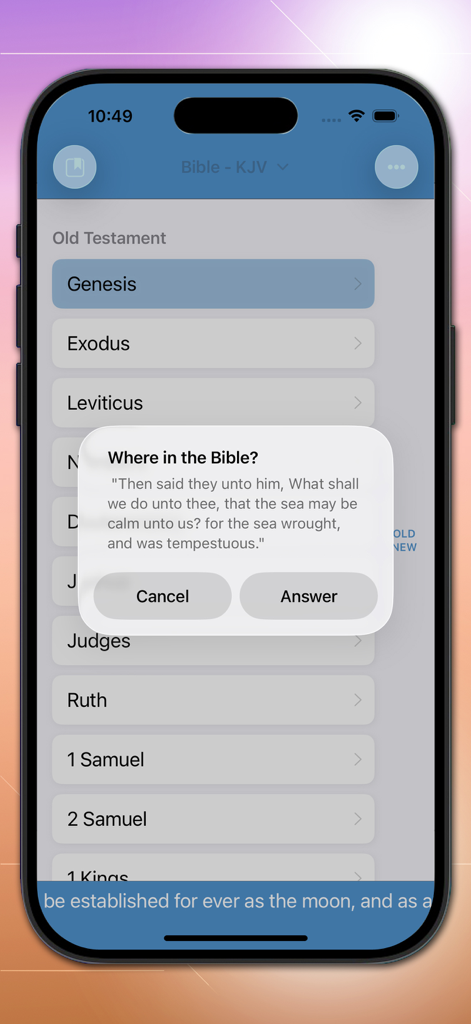 Bible-Simple Bible - A mobile app screen for Simple Bible showing a scripture quiz titled Where in the Bible