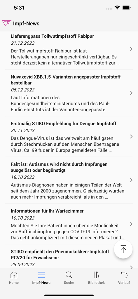 STIKO-App - Screenshot of the vaccination news feed in the STIKO-App displaying medical updates and vaccine availability