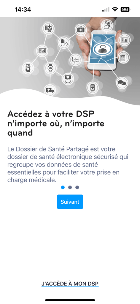 MyDSP - Pantalla de incorporación de la aplicación MyDSP que muestra una mano sosteniendo un teléfono inteligente conectado a varios iconos médicos