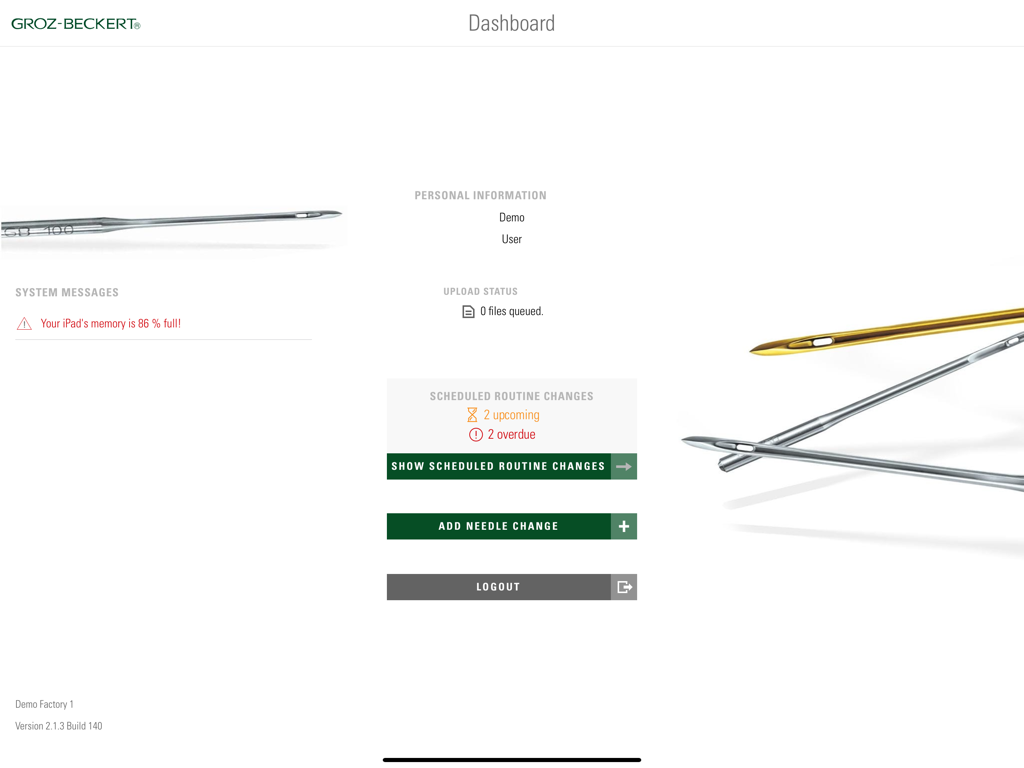 INH@Site 2.0 - INH Site 2.0 애플리케이션의 산업용 니들 관리 대시보드, 상태 및 예약된 변경 사항 표시