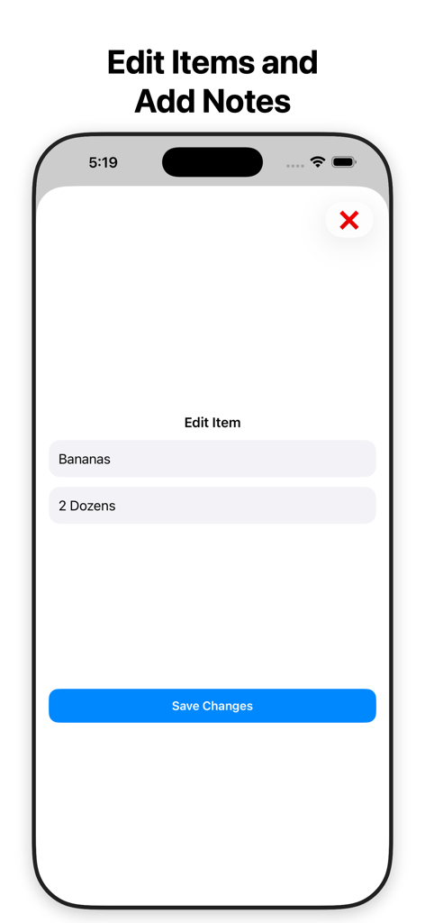 USmartCart - Interfaz de la aplicación USmartCart que muestra la pantalla de edición de artículo con campos para nombre y notas de cantidad.
