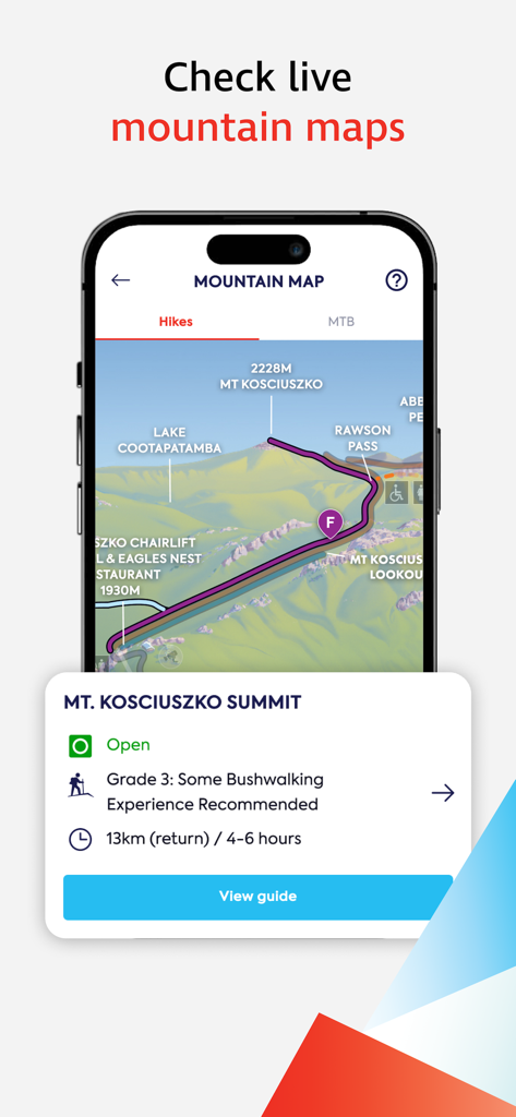 Thredbo Resort app mountain map displaying hiking trail status and details for Mt Kosciuszko.
