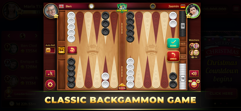 Backgammon King Online Games - Classic backgammon board game interface showing an online match between two players
