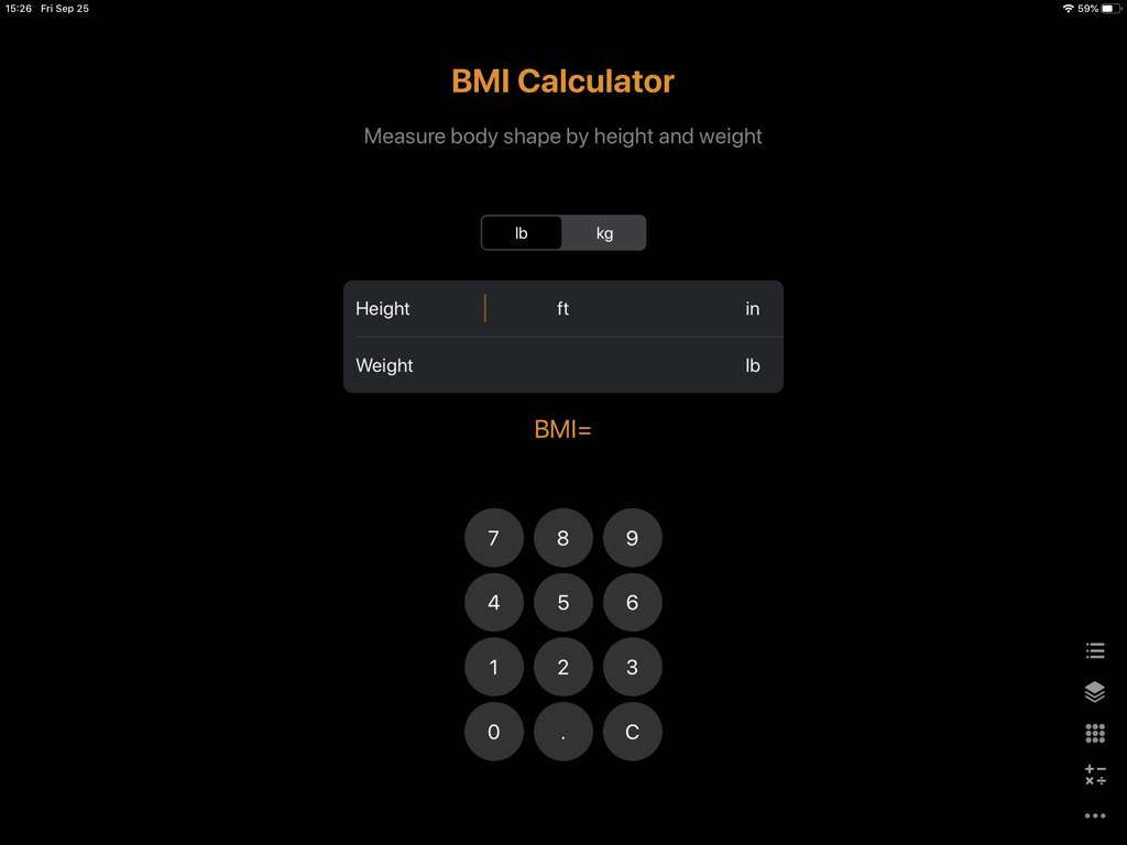 Interface of the BMI calculator feature within the iPad app showing height and weight input fields and a dark themed number pad