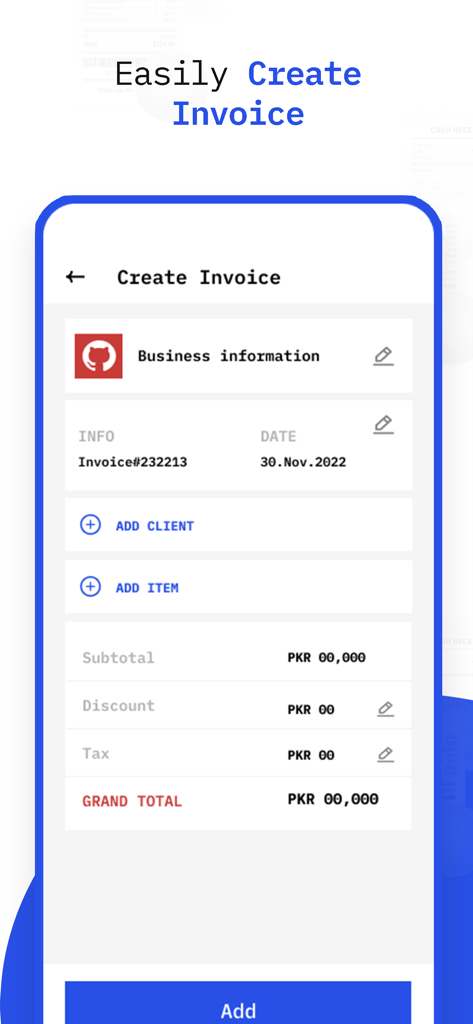 InvoiceBilling | Receipt Maker - Mobile app interface showing the create invoice screen with business information and billing details
