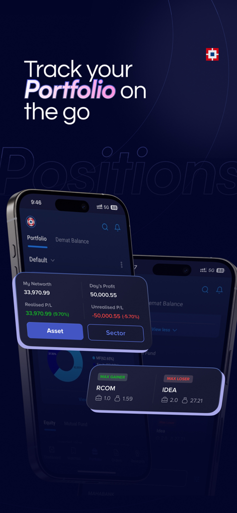 HDFC Securities InvestRight - HDFC Securities InvestRight app interface showing portfolio net worth and day profit tracking