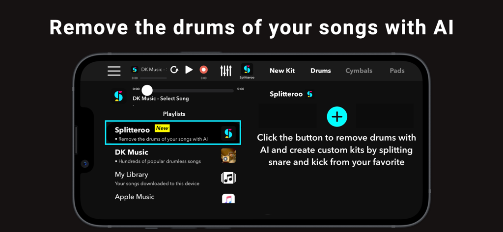 DrumKnee 3D app interface showing the Splitteroo AI feature to remove drums from songs