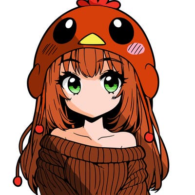 anime girl with chick shaped hat with sweater with bare shoulders with bangs covering them one eye with low tail