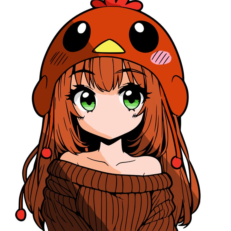 anime girl with chick shaped hat with sweater with bare shoulders with bangs covering them one eye with low tail