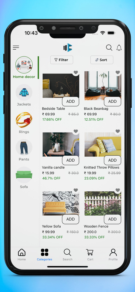 Mobile App Builder for Shopify - ベッドサイドテーブルやビーズクッションなどの商品、価格、割引を含むホームデコカテゴリを表示するモバイルアプリインターフェース