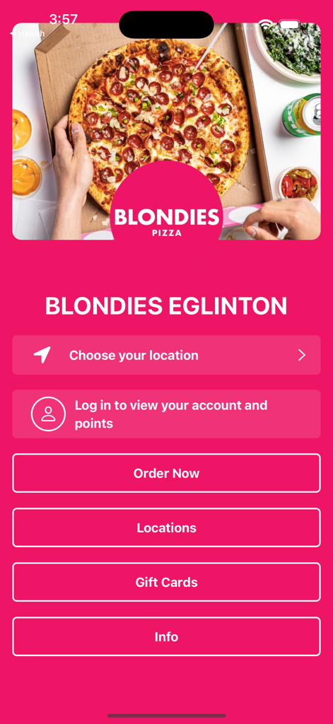 BLONDIES PIZZA - Blondies Pizza mobile app home screen with a gourmet pizza image and pink branding