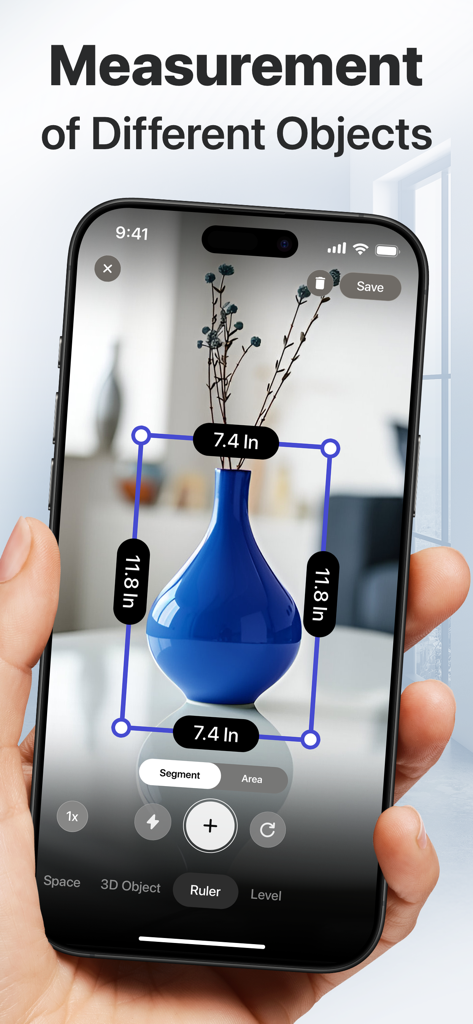 3D Snap: LiDAR Scanner & Ruler - 청자색 꽃병의 높이와 너비를 측정하는 3D Snap 앱의 AR 자를 보여주는 스마트폰 화면