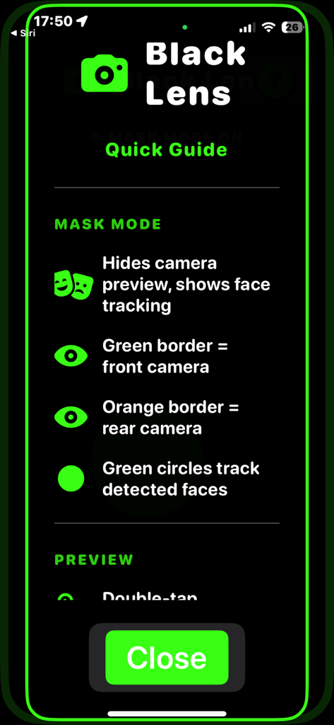 Black Lens - Black Lens app Quick Guide screen explaining Mask Mode and face tracking features in high contrast.
