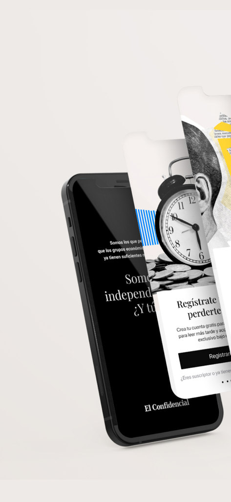Smartphone screens displaying the El Confidencial news app interface with independent journalism branding