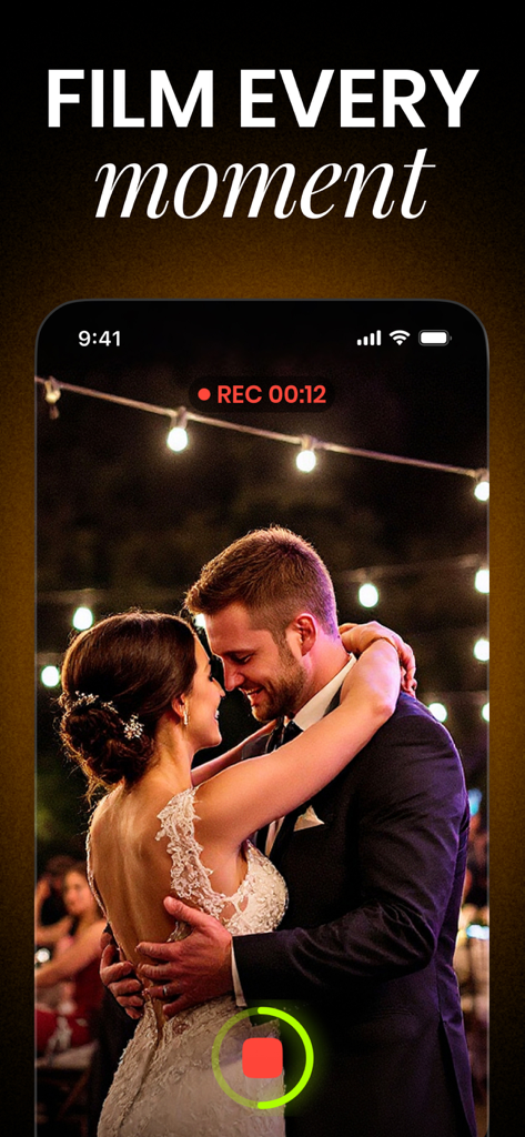 PartyCam - Disposable Camera - A wedding couple embracing under string lights being filmed through the PartyCam app interface
