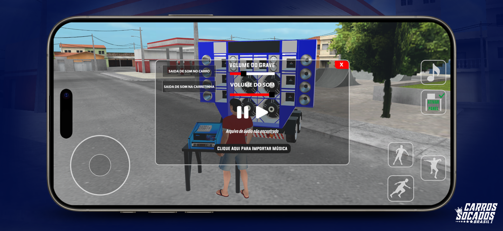 Carros Socados Brasil - Die Benutzeroberfläche eines Handyspiels zeigt Einstellungen für Auto-Audio und Basslautstärke in Carros Socados Brasil.