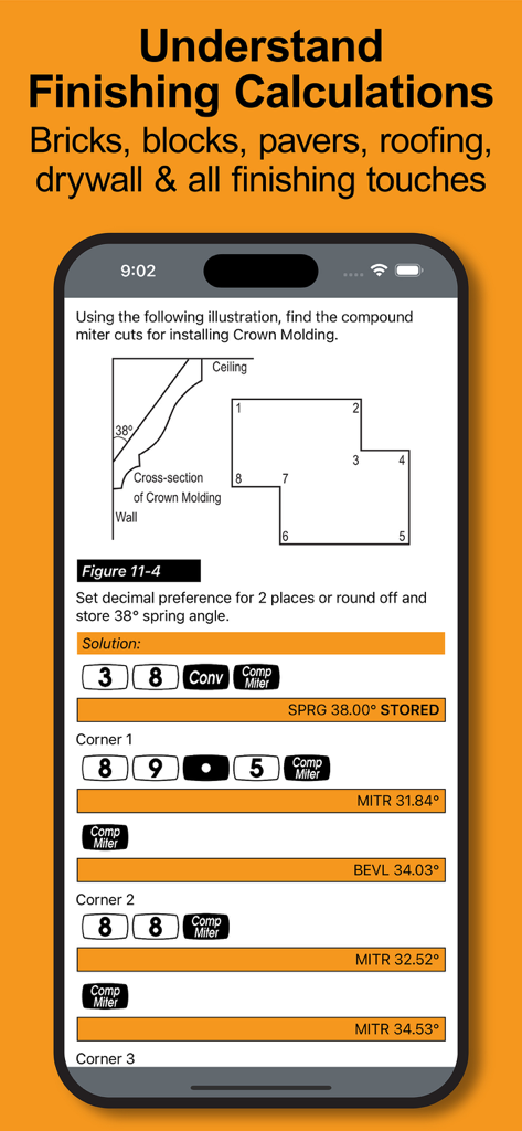 Construction Master Pro Guide - A screenshot of the Construction Master Pro Guide app showing finishing calculations for crown molding miter cuts.