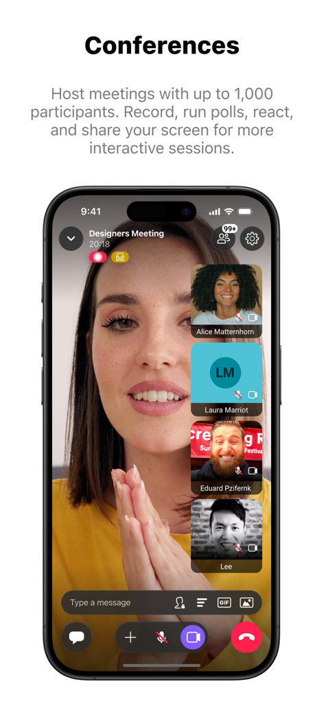 IceWarp mobile App-Oberfläche mit einer Videokonferenz mit mehreren Teilnehmern mit Besprechungssteuerung und Chat-Optionen.