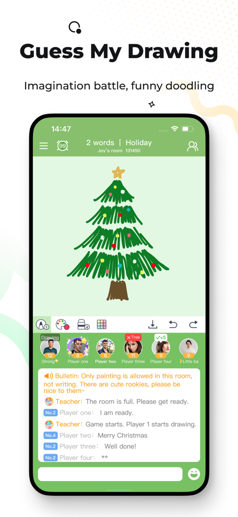 A screenshot of the Guess My Drawing game mode in the WePlay app featuring a Christmas tree drawing and live social chat