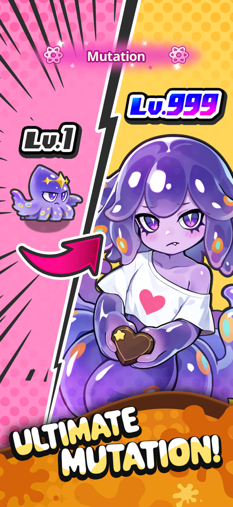 Pew Pew Slime - Idle RPG - Un personaje slime morado evolucionando de una criatura pequeña de nivel 1 a una mutación definitiva de nivel 999