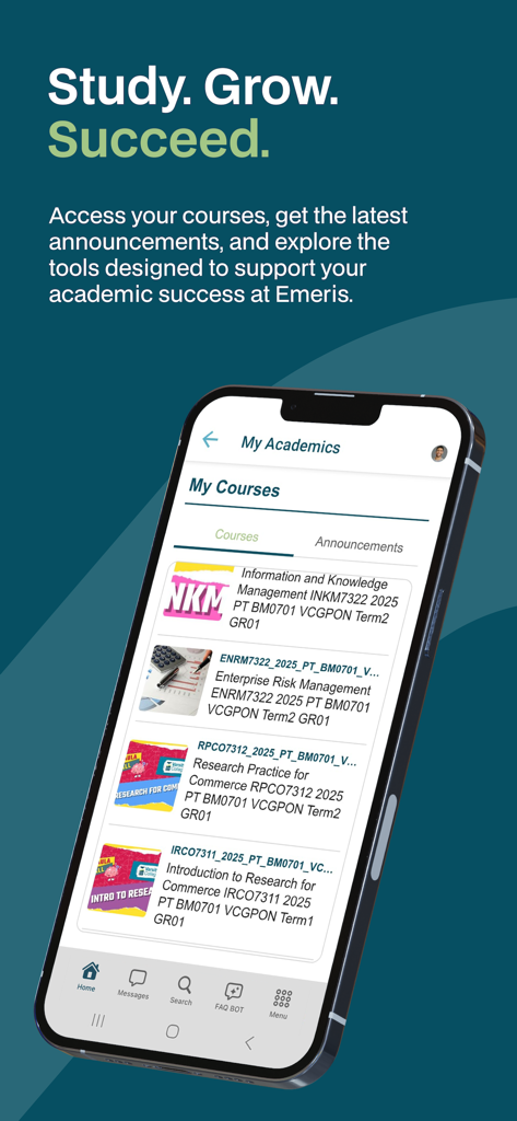 MyEmeris app interface showing the My Academics section with a list of enrolled courses