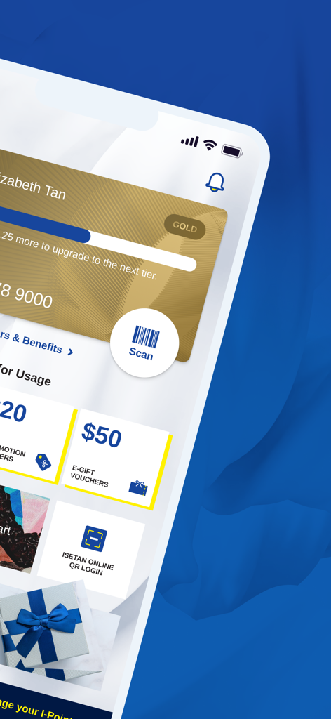 Isetan Privilege - Isetan Privilege app interface showing a gold membership card and available digital gift vouchers
