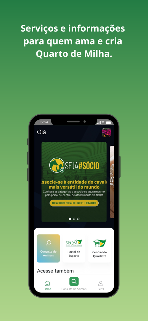 ABQM Oficial - Home screen of the ABQM Oficial app featuring animal search and breeder services