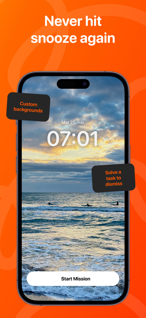 Wakey: Loud Alarm Clock - Interfaz del despertador Wakey que muestra un fondo de amanecer y un botón para iniciar una misión